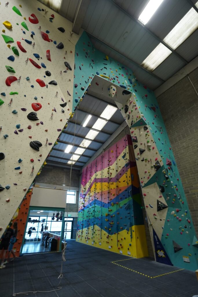 A photo showing another angle of the arch while featuring the beginner wall in the background at Dublin Climbing Centre