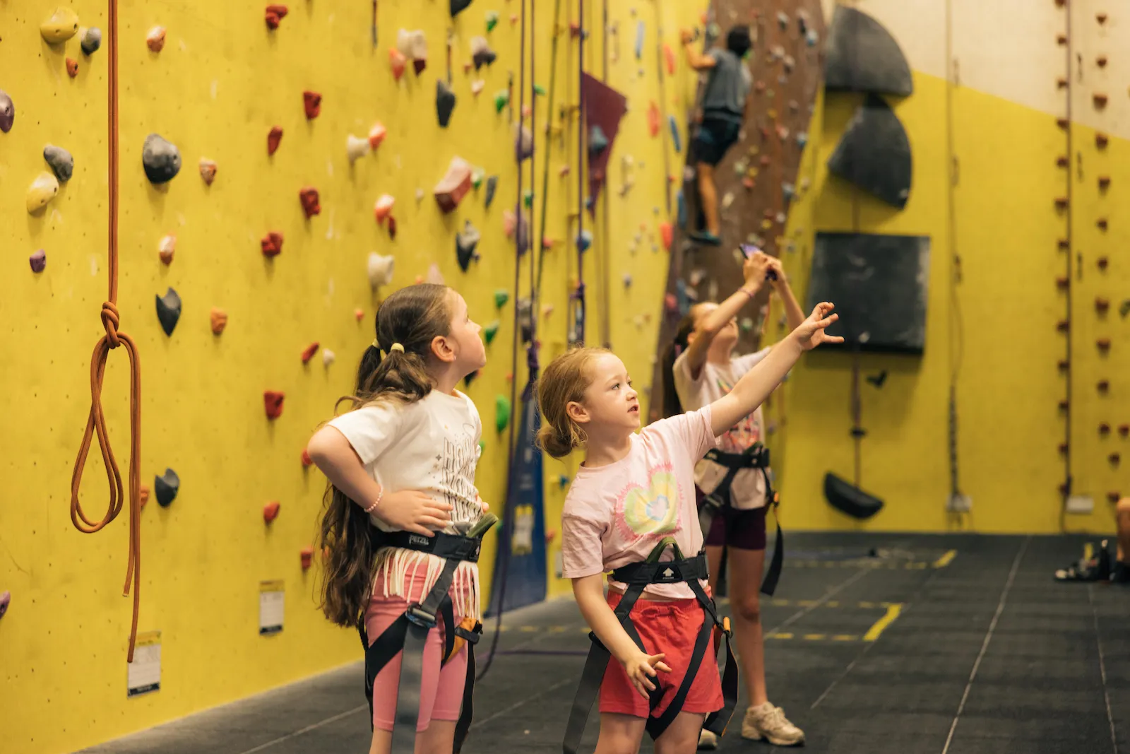 Two girls look at and analyse a climbing route while another takes a photo during a school tour at Dublin Climbing Centre