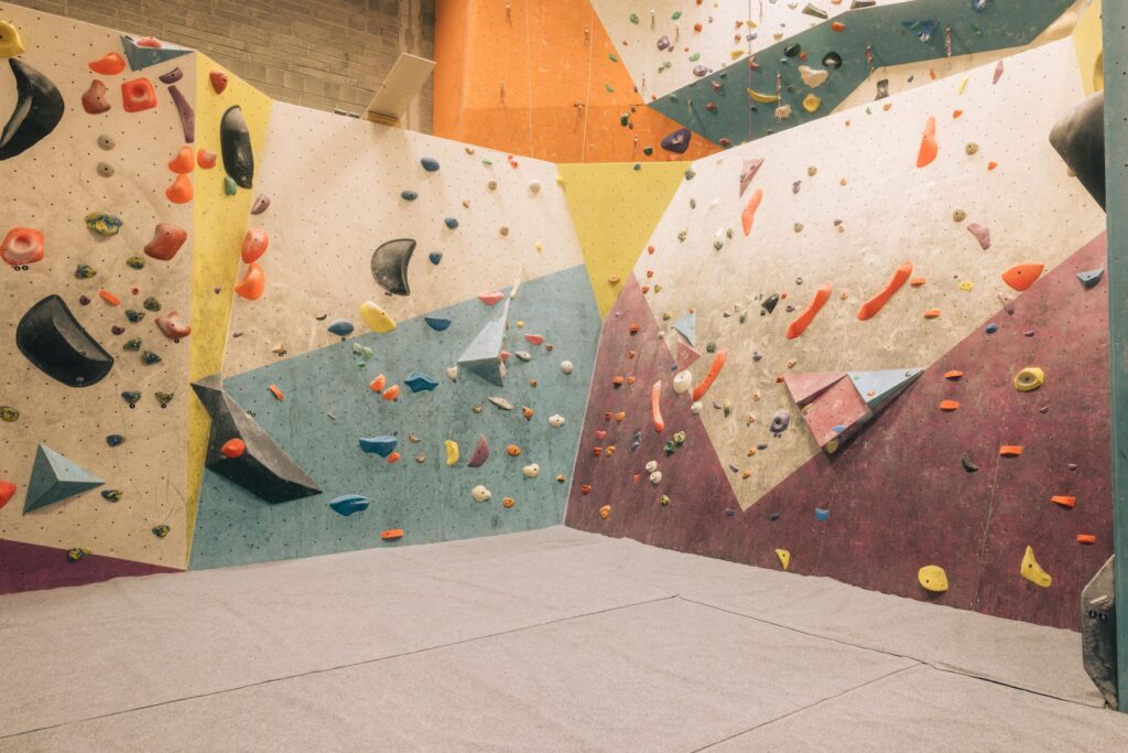 Bouldering walls with slab and overhang sections at Dublin Climbing Centre
